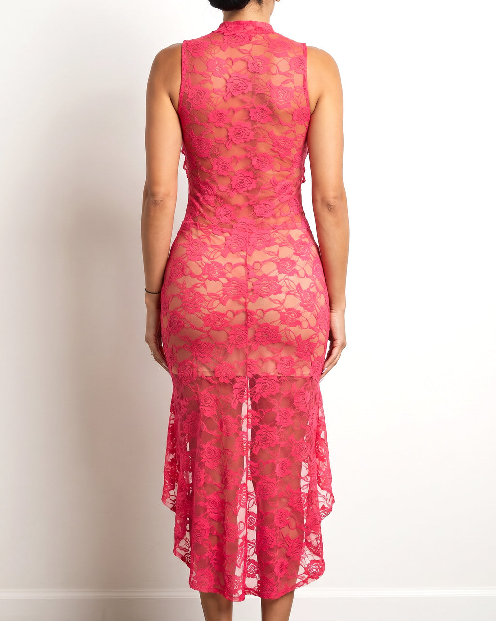 Fuchsia ruffle detailed lace hi low dress, back view on model