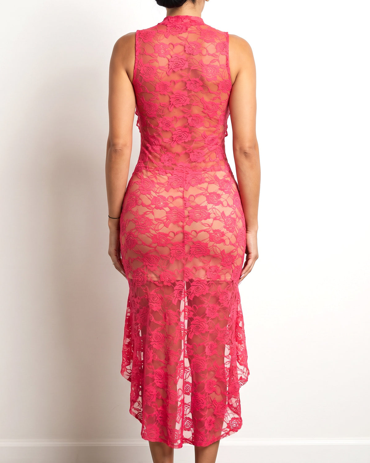 Fuchsia ruffle detailed lace hi low dress, back view on model