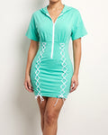 Mint and white rope detail zip-up hoodie mini dress, front view on model