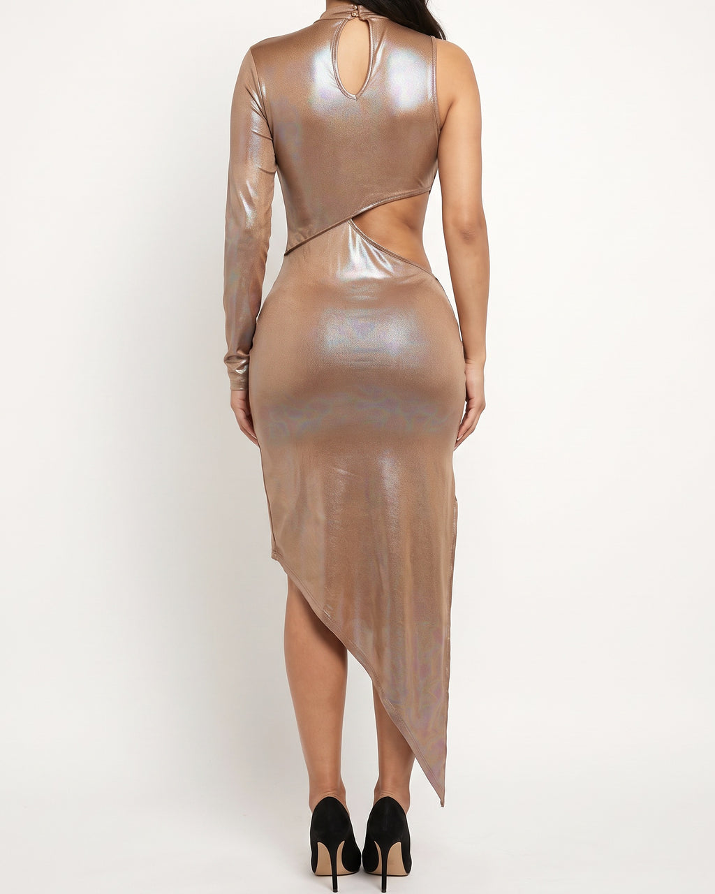 Taupe foil asymmetric sleeve and cut out midi dress, back view on model