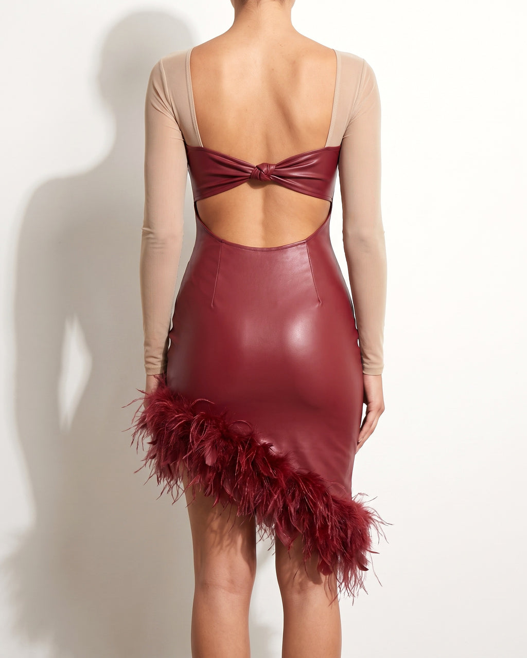 Burgundy father-trim mini dress, back view on model