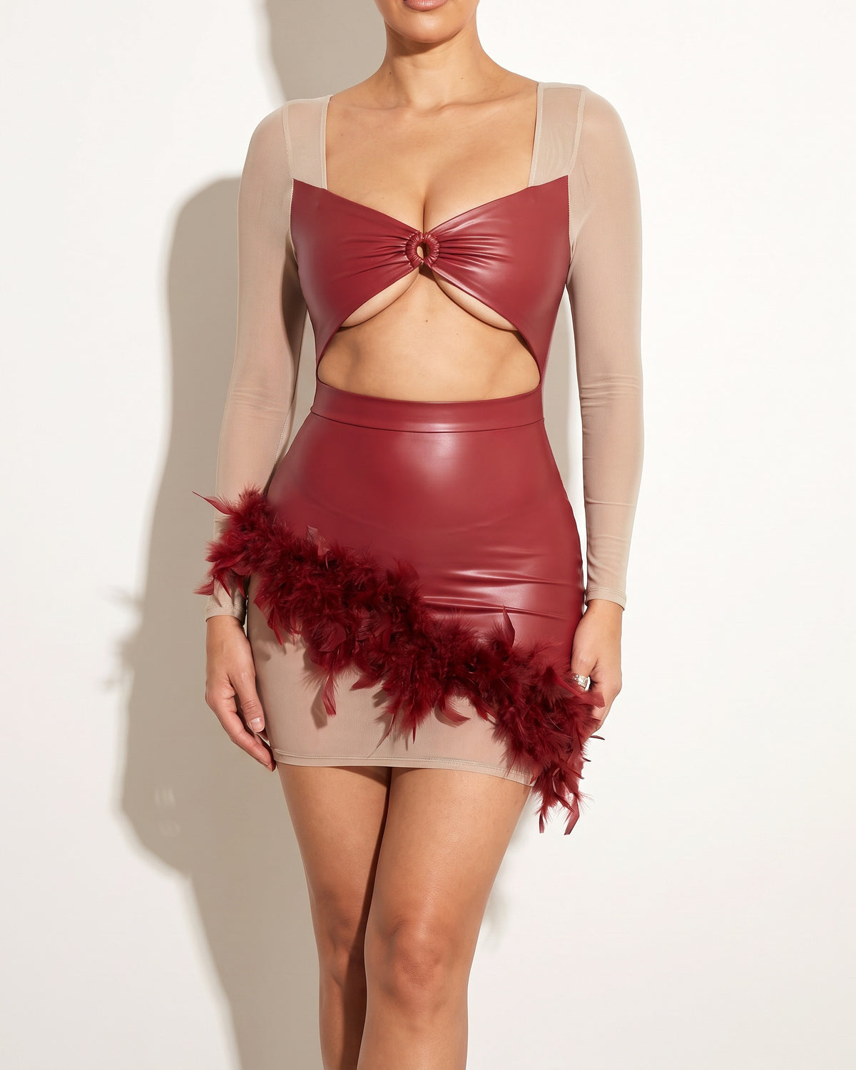 Muvin women's burgundy father-trim mini dress, front view on model
