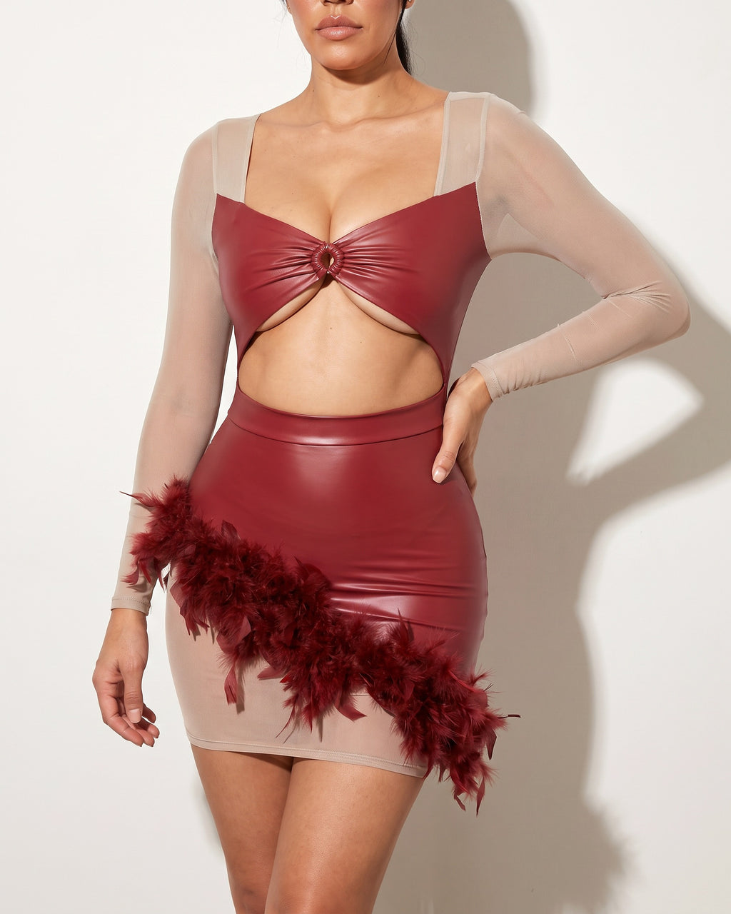 Burgundy father-trim mini dress, alternate front view on model