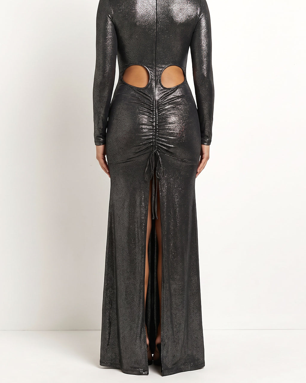 Black glitter shirring detailed slit cut out maxi dress, back view on model