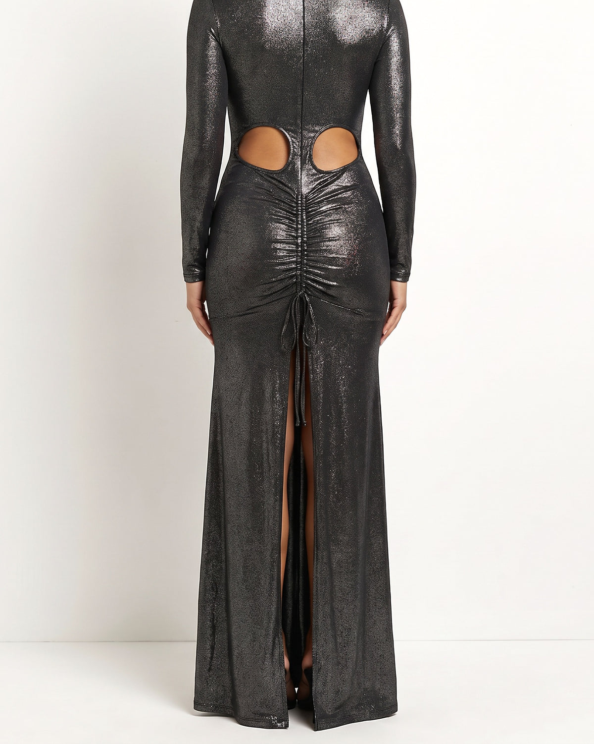 Black glitter shirring detailed slit cut out maxi dress, back view on model