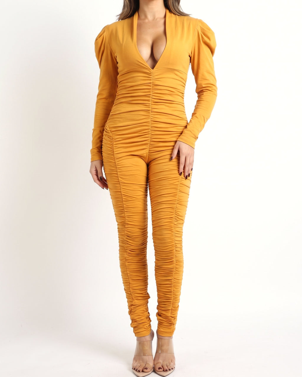 Mustard ruched jumpsuit with power shoulder, alternate front view on model