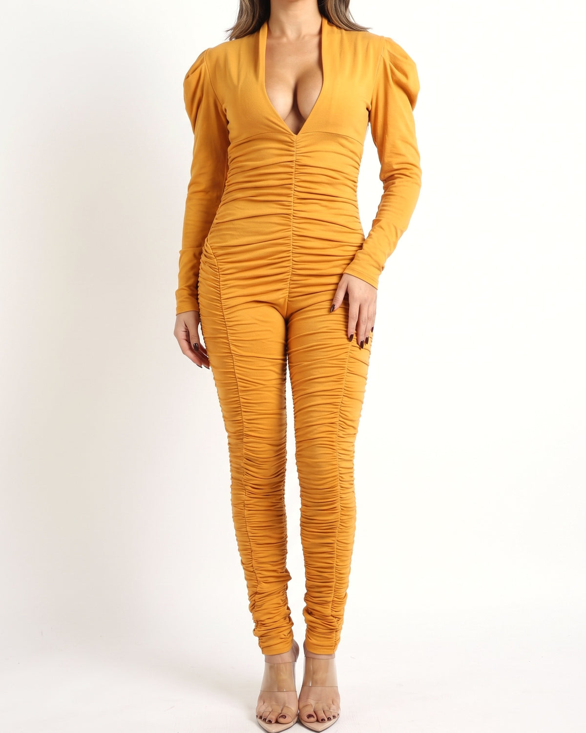 Mustard ruched jumpsuit with power shoulder, alternate front view on model