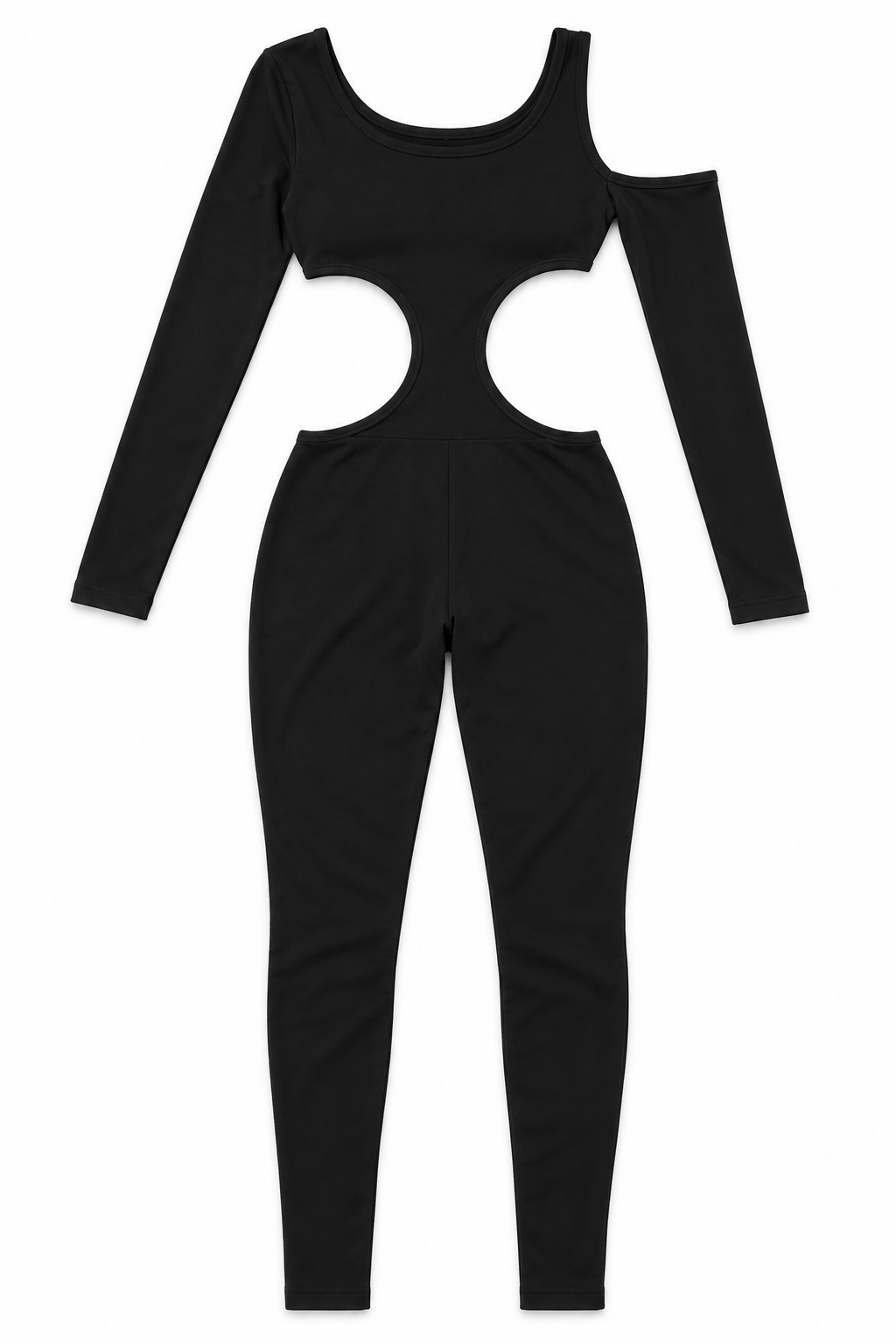 Muvin women's black one off shoulder cut out scoop neck jumpsuit, front view, garment only
