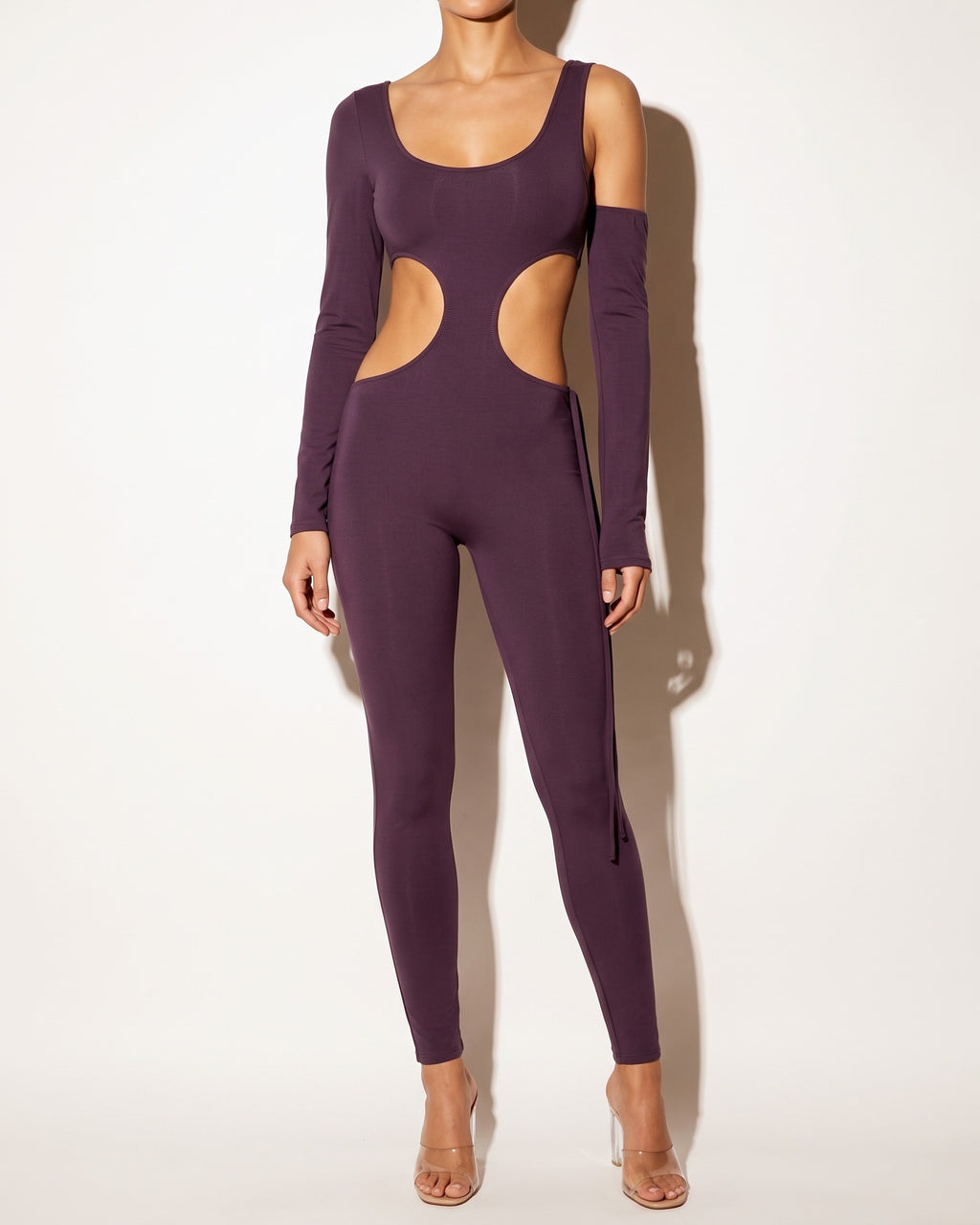 Muvin women's eggplant one off shoulder cut out scoop neck jumpsuit, front view on model