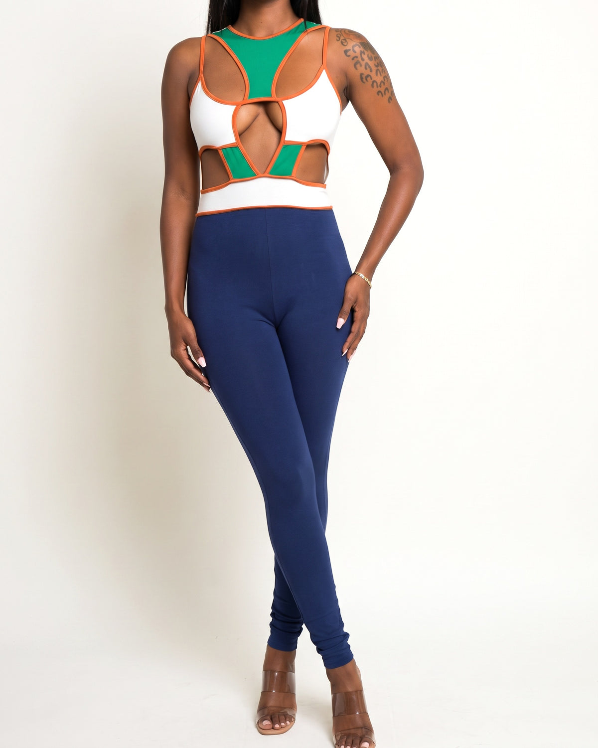 Blue multicolor color block cut-out jumpsuit, front view on model