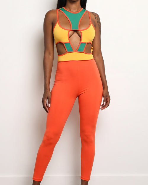 Muvin women's orange multicolor color block cut-out jumpsuit, front view on model
