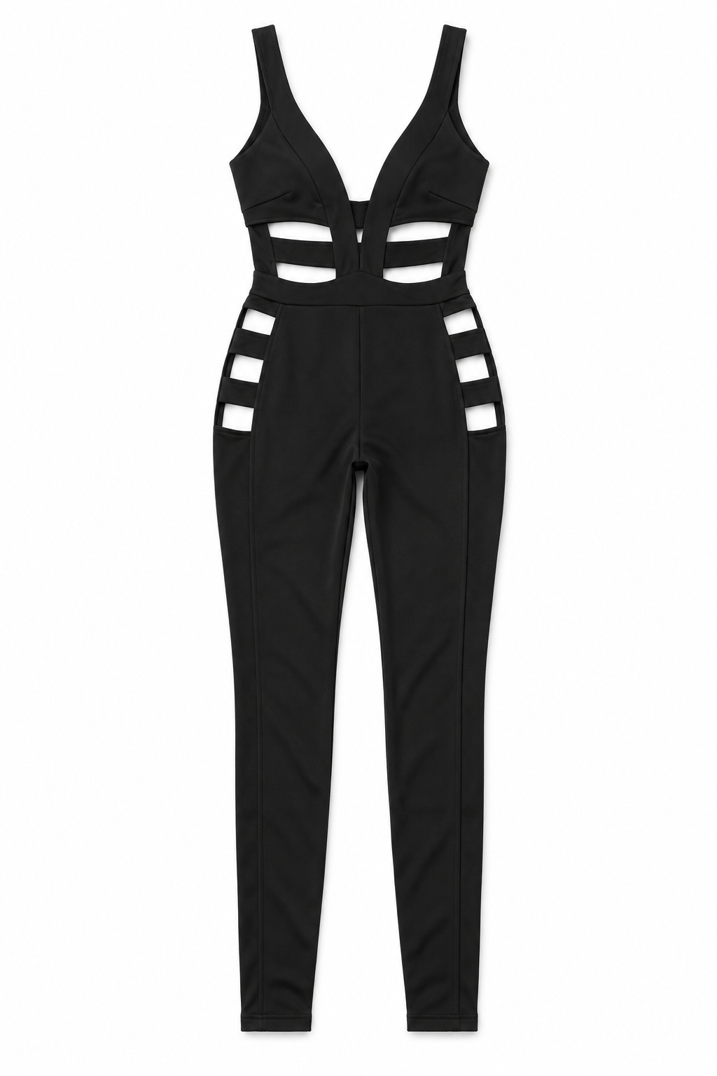 Black cut-out line jumpsuit, detail view, garment only
