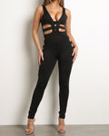 Muvin women's black cut-out line jumpsuit, front view on model