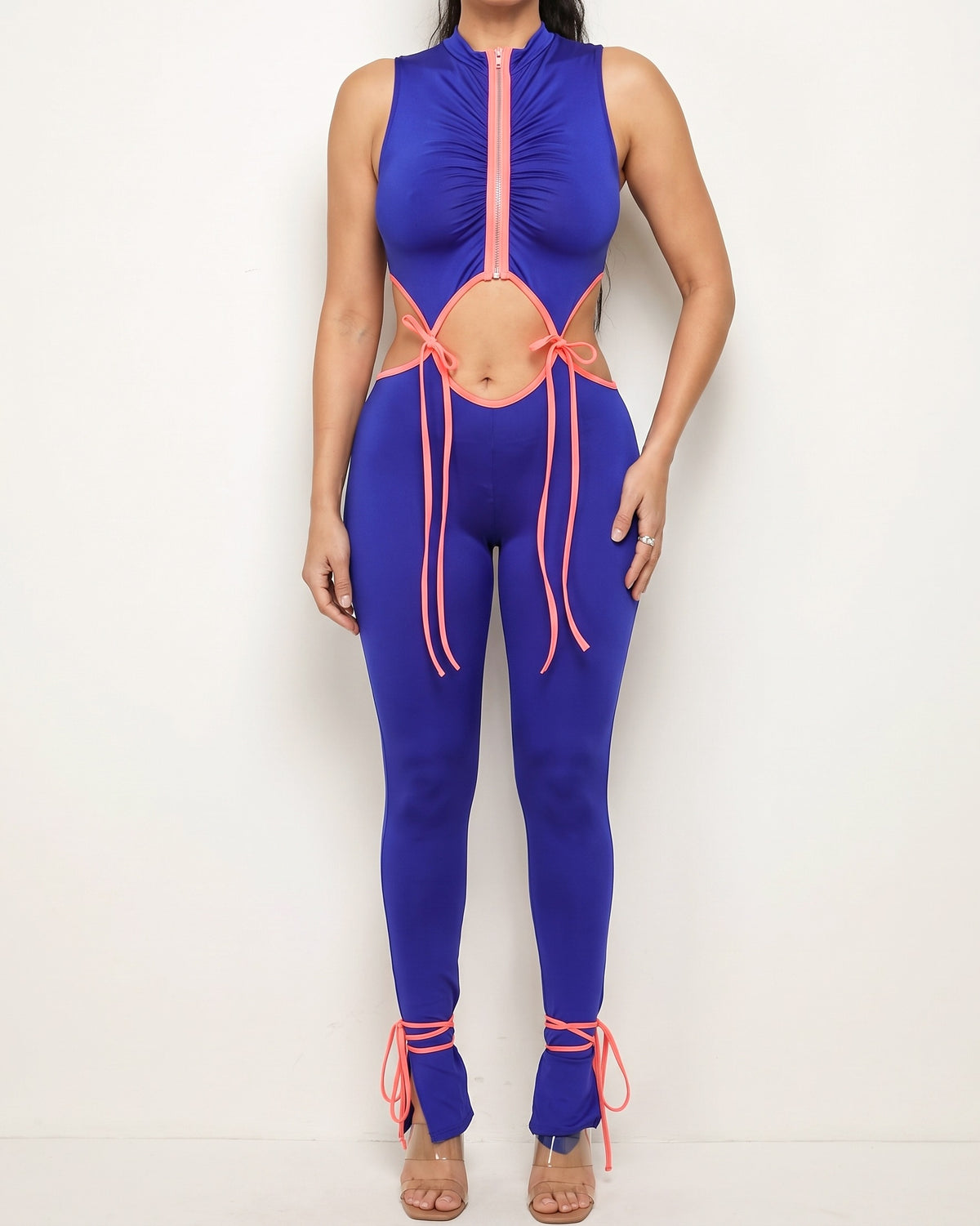 Royal string tie jumpsuit, alternate front view on model
