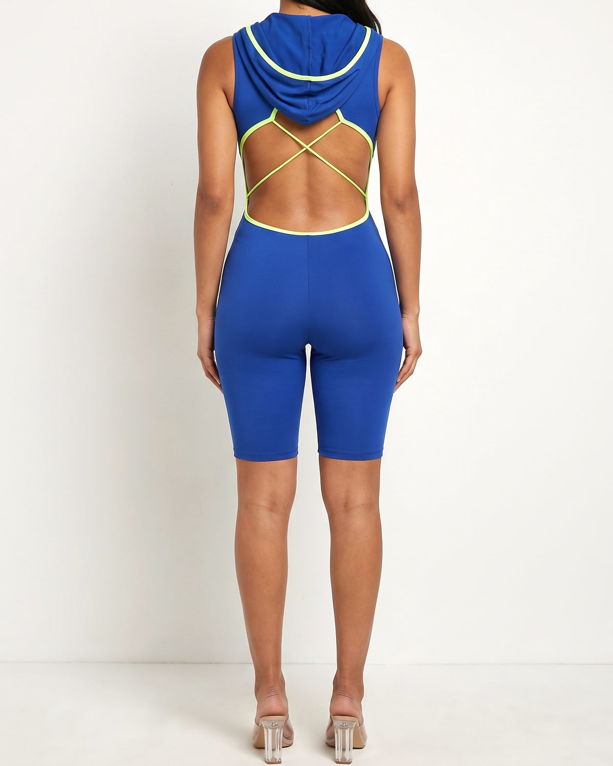 Royal blue and neon lime semi zip-up spaghetti line hoodie romper, back view on model