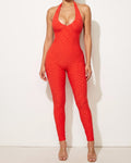 Muvin women's red halter neck jumpsuit, front view on model