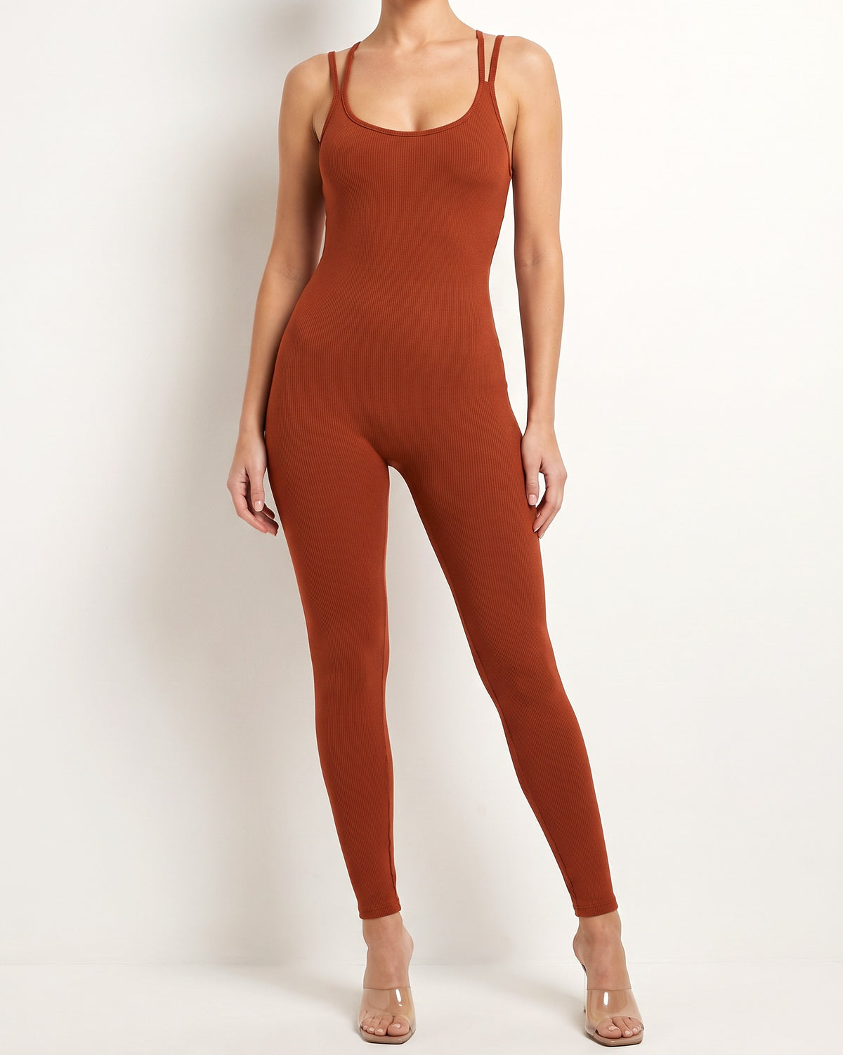 Muvin women's brown double spaghetti strap back cut out jumpsuit, front view on model