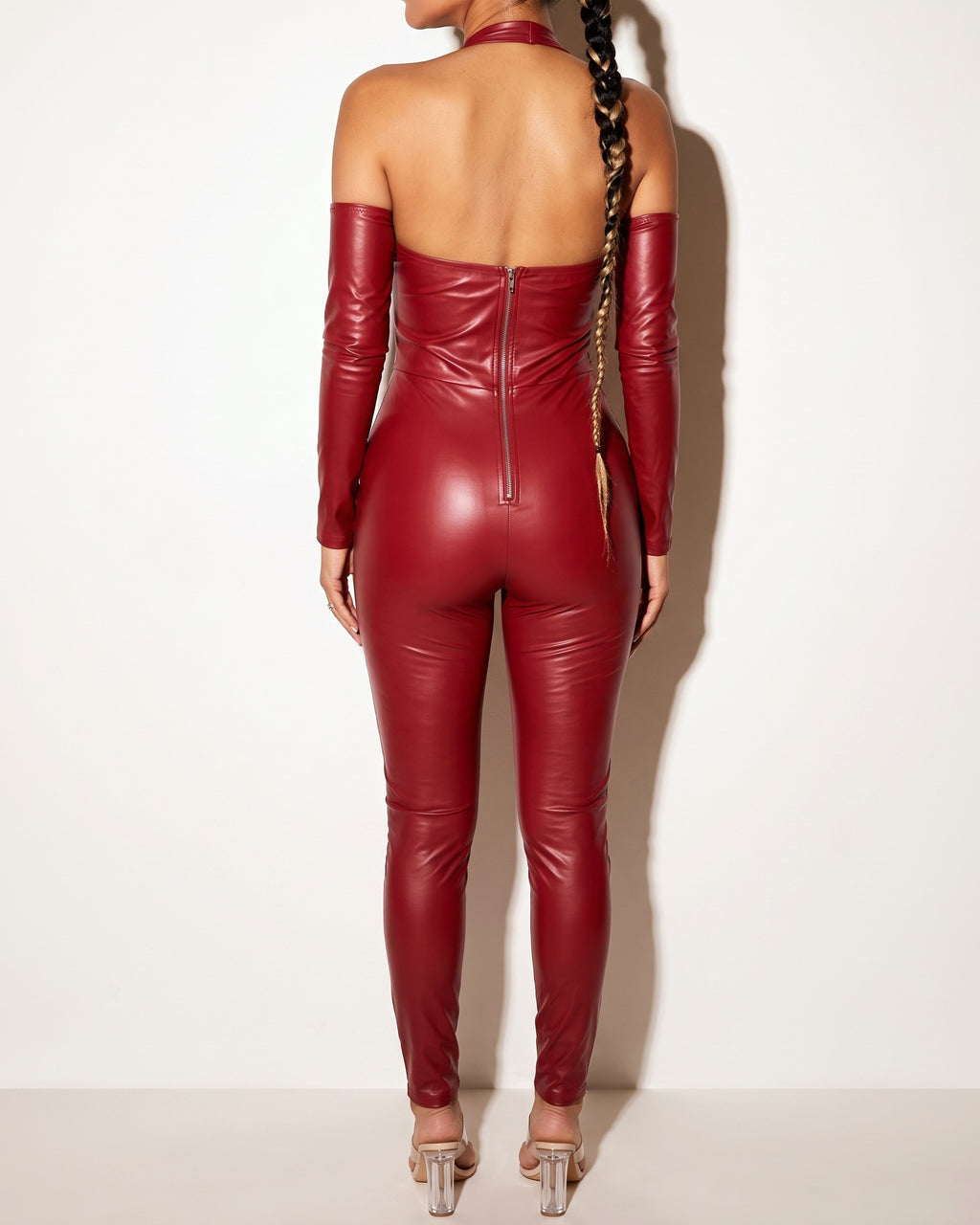 Dark red lace up off shoulder PU jumpsuit, back view on model