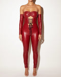 Muvin women's dark red lace up off shoulder PU jumpsuit, front view on model