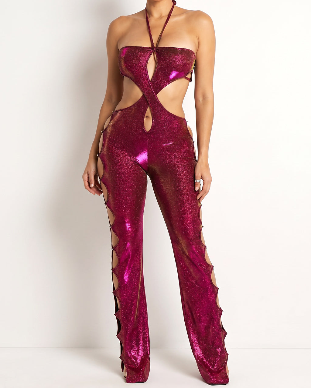Fucshia and gold glittery cutout halter neck keyhole jumpsuit, front view on model