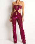Fucshia and gold glittery cutout halter neck keyhole jumpsuit, front view on model