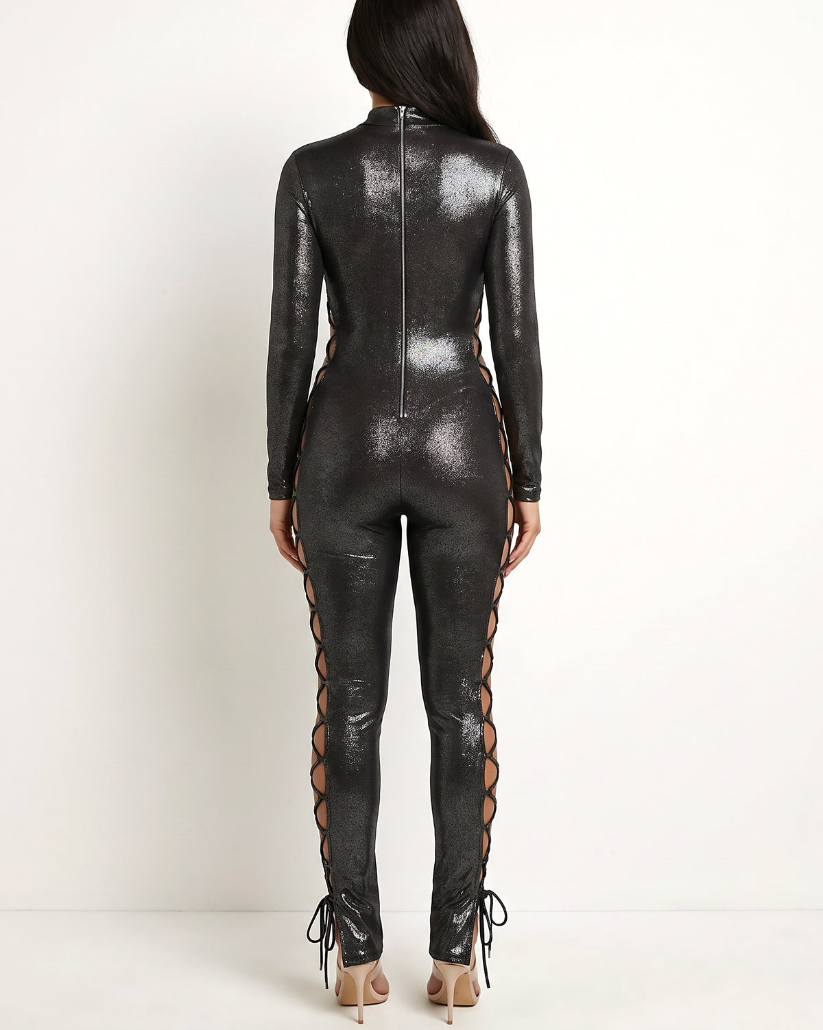 Black strap tie detailed foil jumpsuit, back view on model