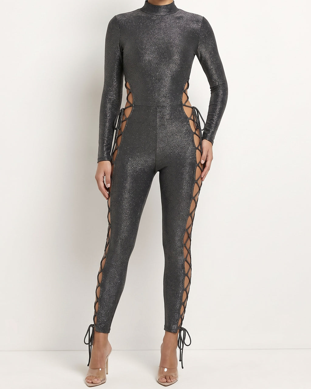 Black strap tie detailed foil jumpsuit, alternate front view on model