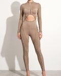Muvin women's taupe front hook and eye jumpsuit, front view on model