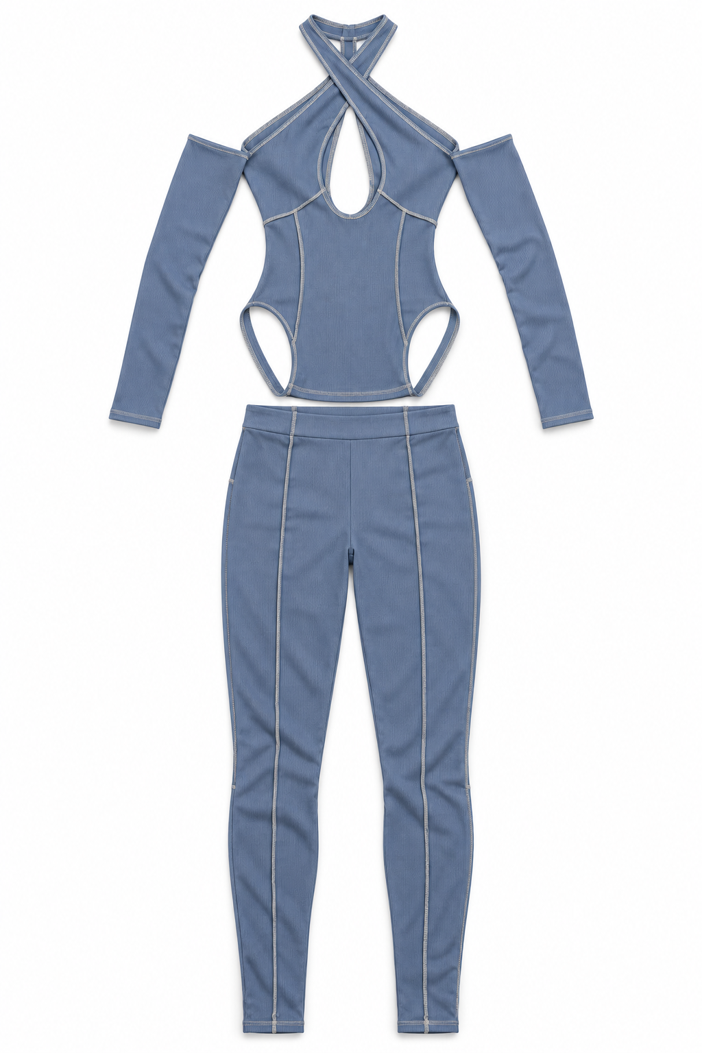 Denim blue overlock detailed cross halter keyhole neck off shoulder set, detail view, garment only