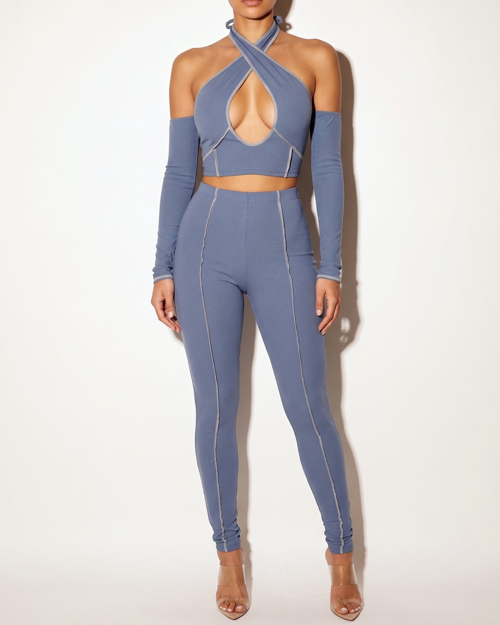 Denim blue overlock detailed cross halter keyhole neck off shoulder set, front view on model
