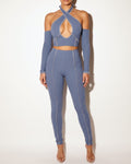 Denim blue overlock detailed cross halter keyhole neck off shoulder set, front view on model