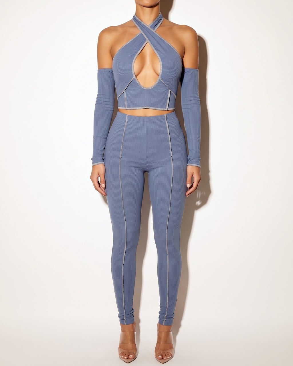 Denim blue overlock detailed cross halter keyhole neck off shoulder set, alternate front view on model