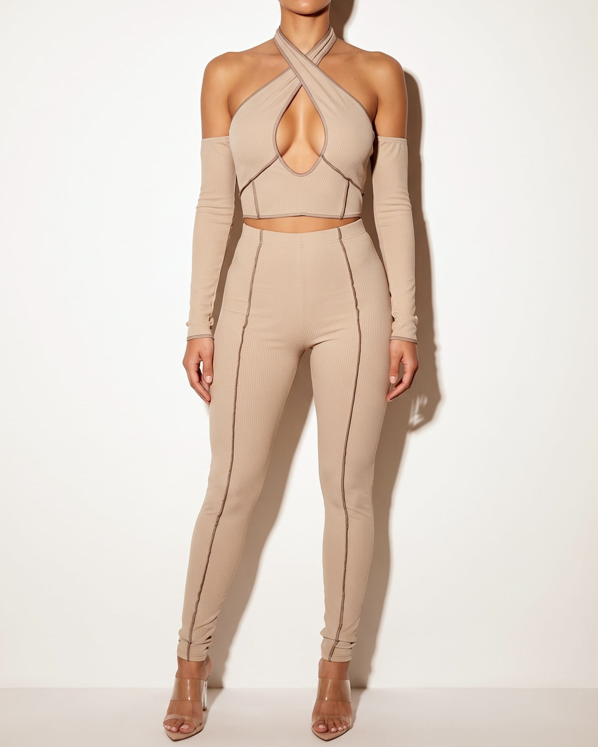 Muvin women's taupe overlock detailed cross halter keyhole neck off shoulder set, front view on model