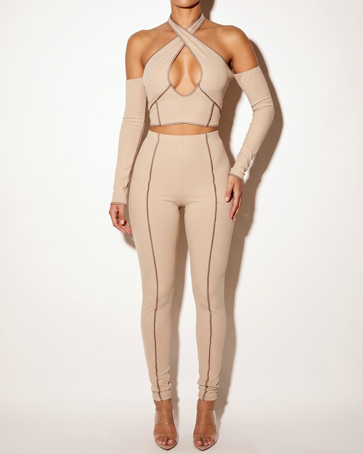 Taupe overlock detailed cross halter keyhole neck off shoulder set, alternate front view on model