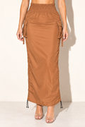 Muvin women's mocha windbreaker maxi skirt, full-length front view with smocked waist and cargo pockets