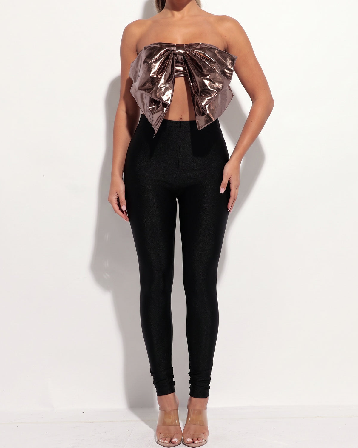 Pewter super size bow top, alternate front view on model
