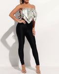 Muvin women's silver super size bow top, front view on model