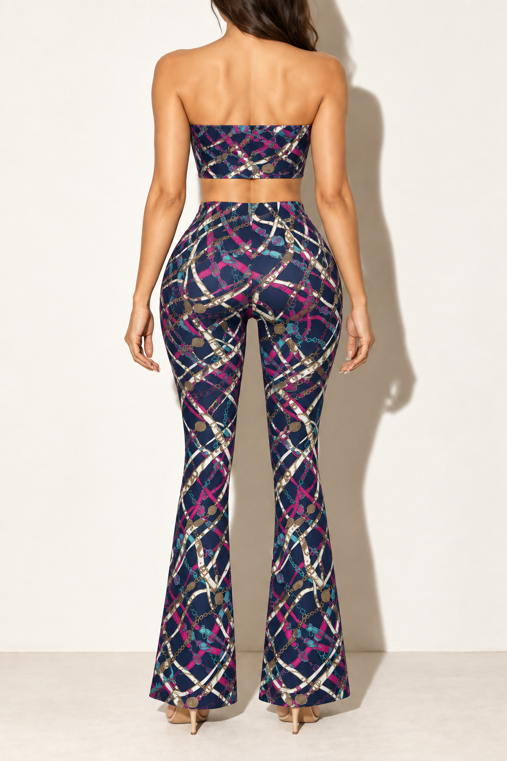 Navy chain print strapless tube top and flared pants set — back view