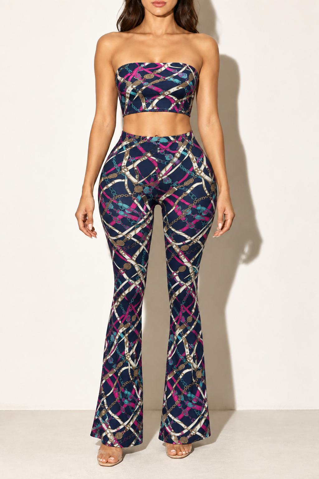 Navy chain print strapless tube top and flared pants set — front view