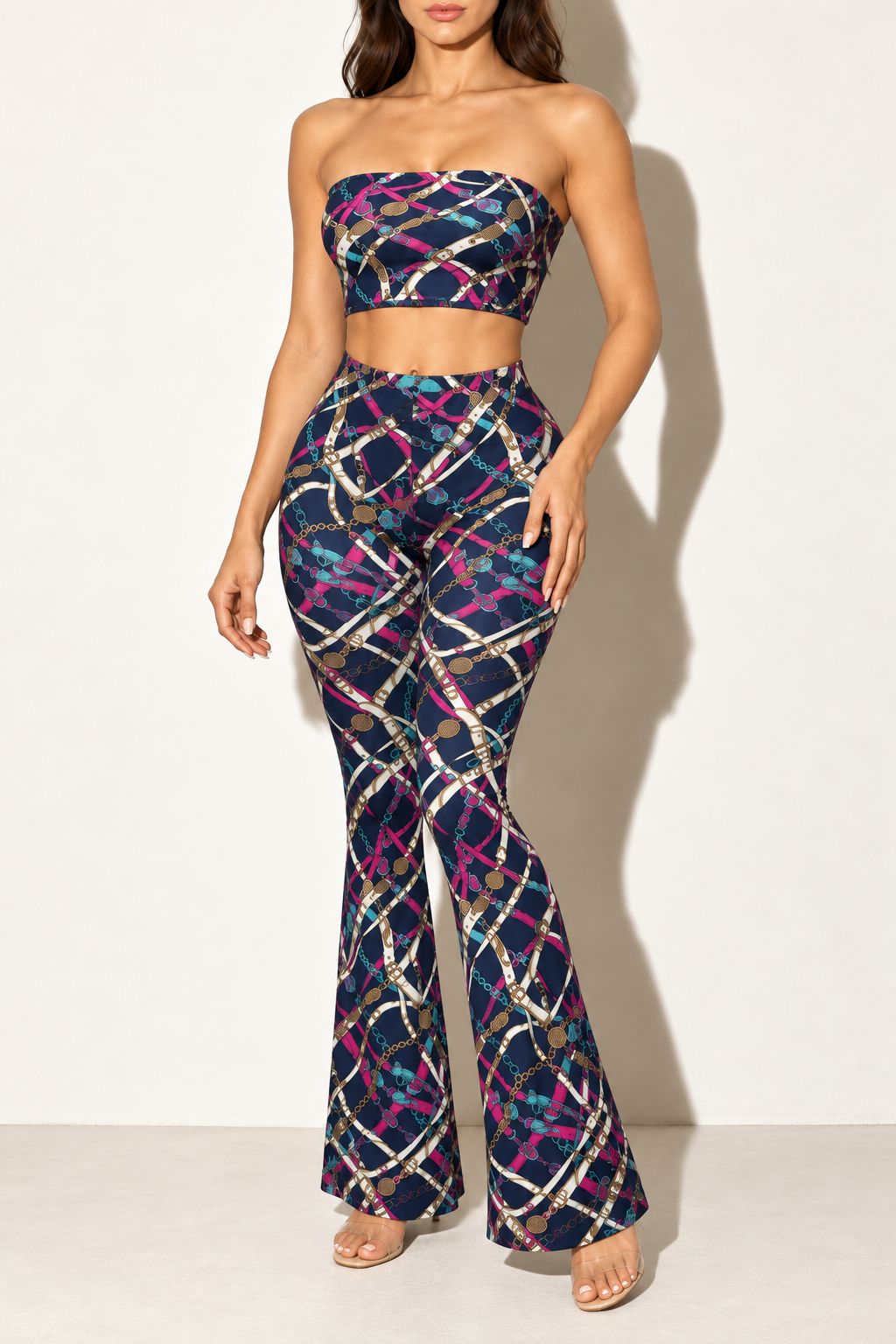 Navy chain print strapless tube top and flared pants set — alternate front view