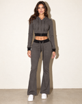 Muvin women's charcoal combo cropped zip hoodie and flared pants set, front view on model