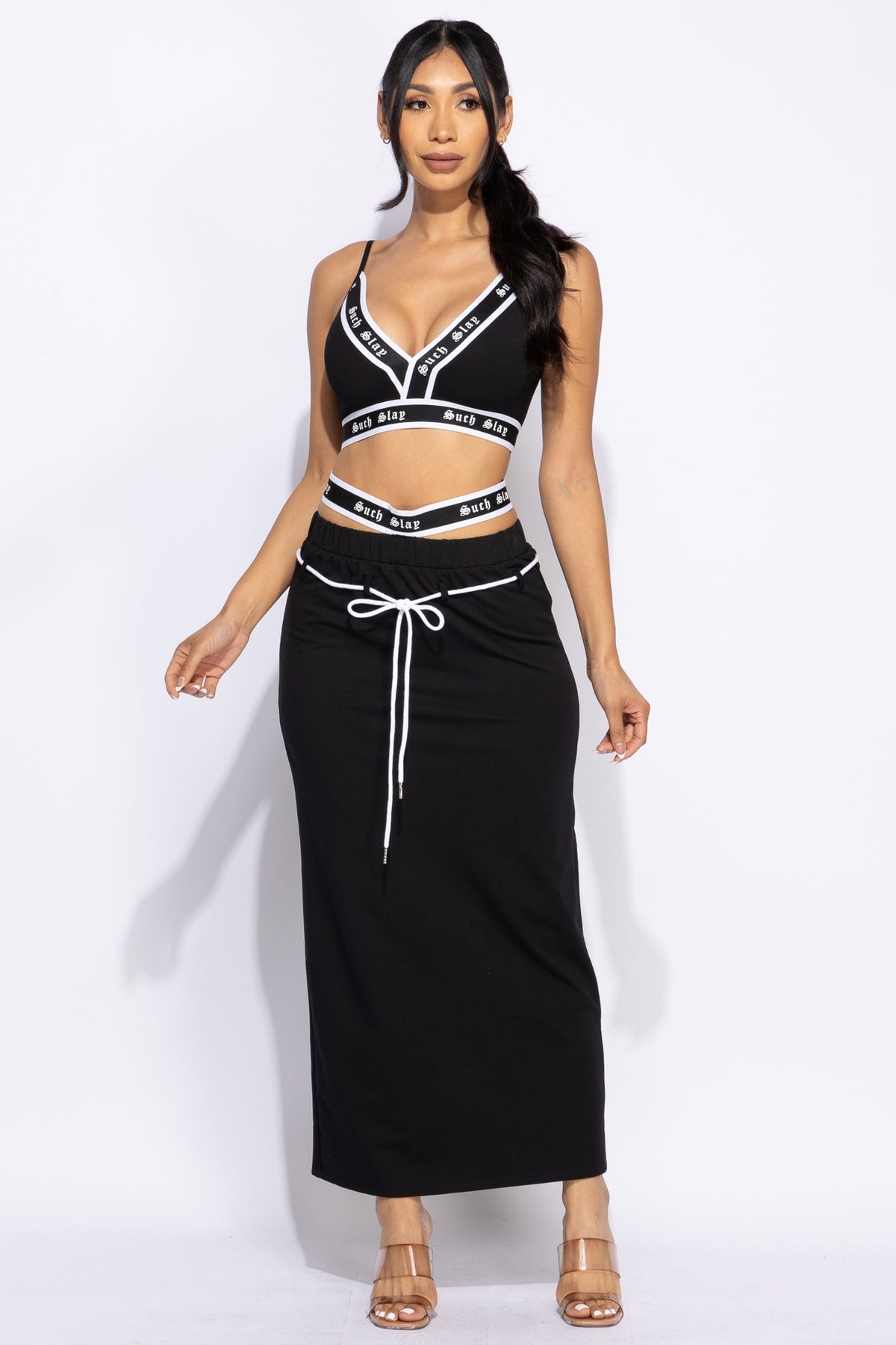 Heather grey tank crop top and maxi skirt set, back view on model