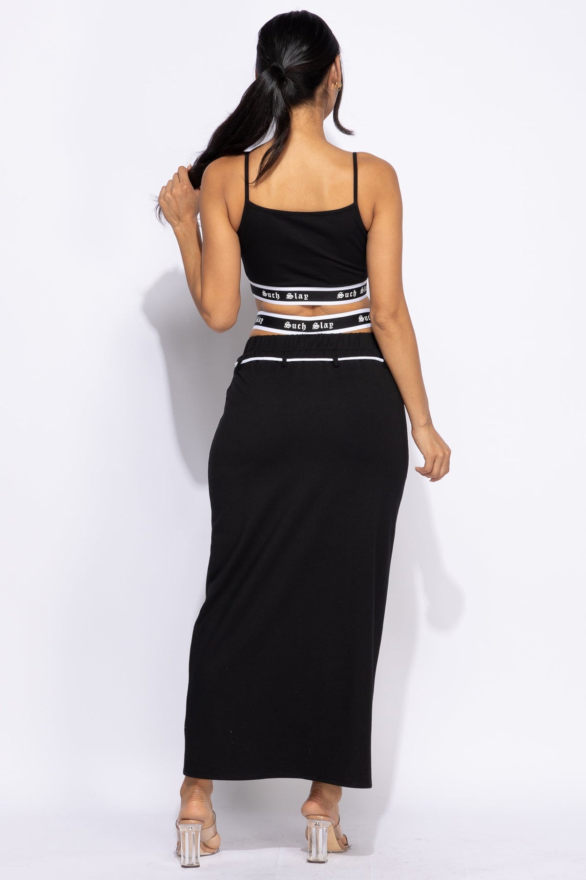 Heather grey tank crop top and maxi skirt set, side view on model