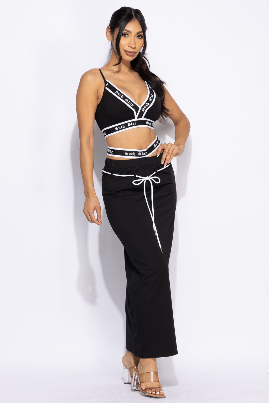 Heather grey tank crop top and maxi skirt set, close-up view on model