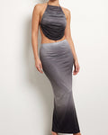 Black combo halter backless top and maxi skirt, front view on model