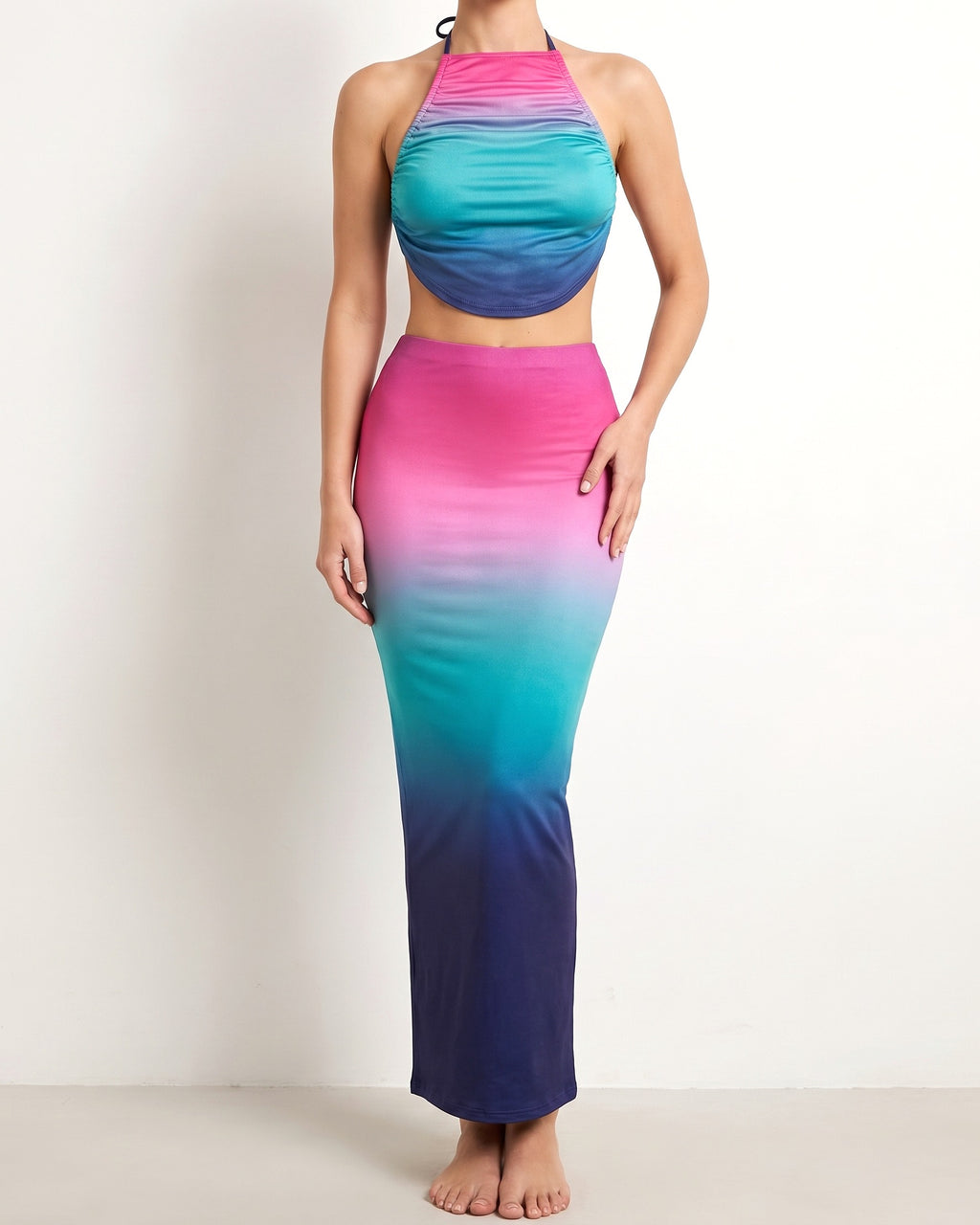 Multicolor combo halter backless top and maxi skirt, alternate front view on model