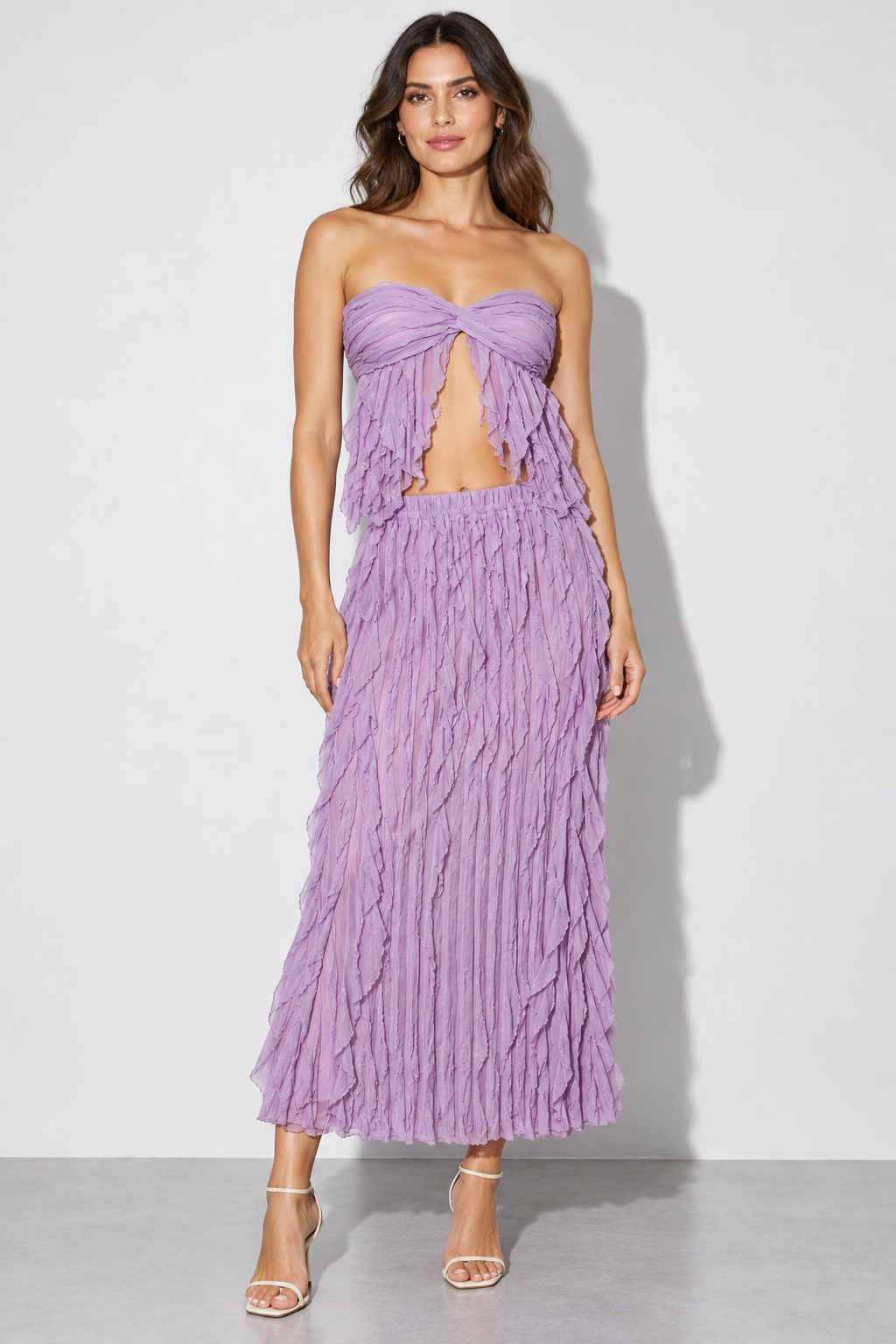 Lavender ruffle designed skirt set, detail view on model