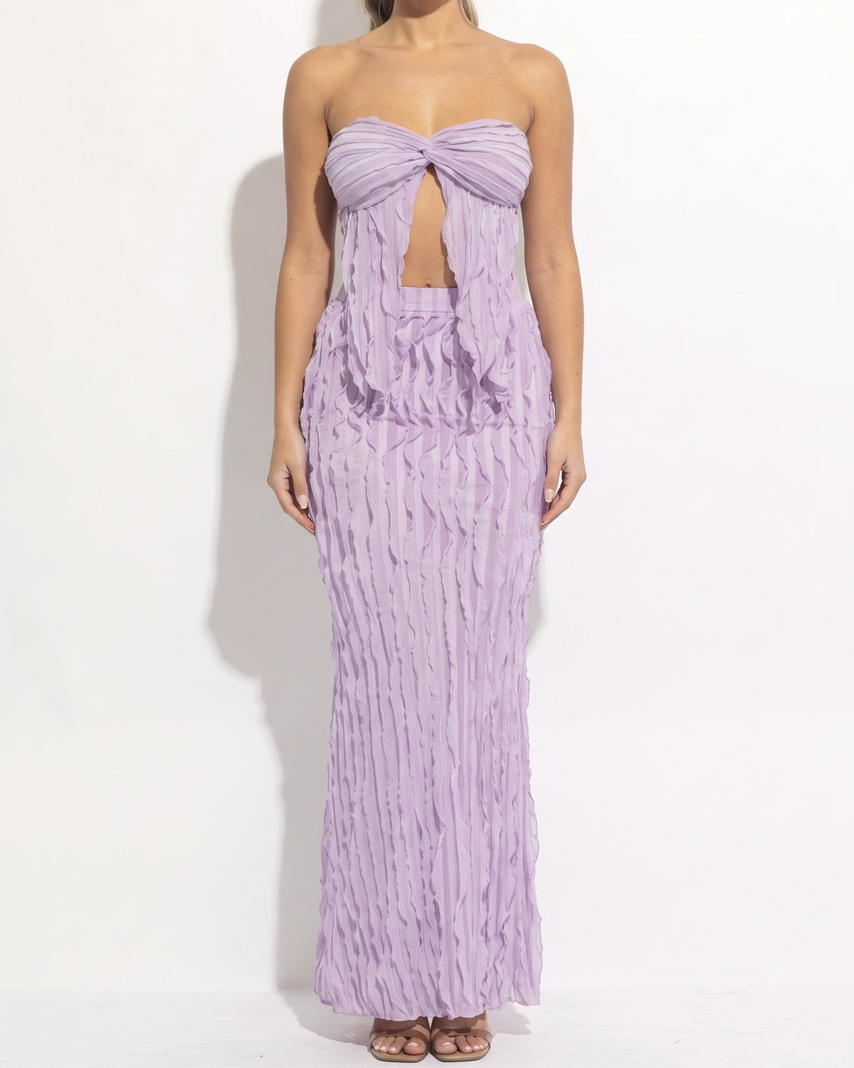 Muvin women's lavender ruffle designed skirt set, front view on model
