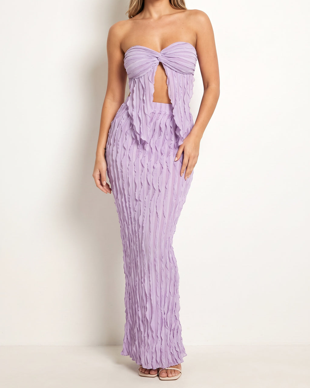 Lavender ruffle designed skirt set, alternate front view on model