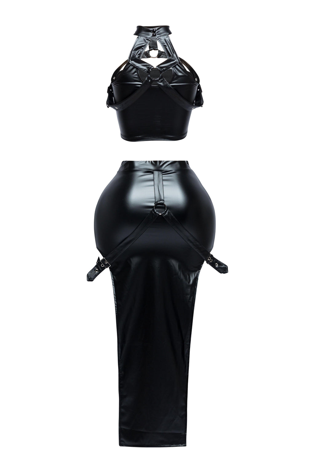 Black choker halter top and maxi skirt set, back view on model